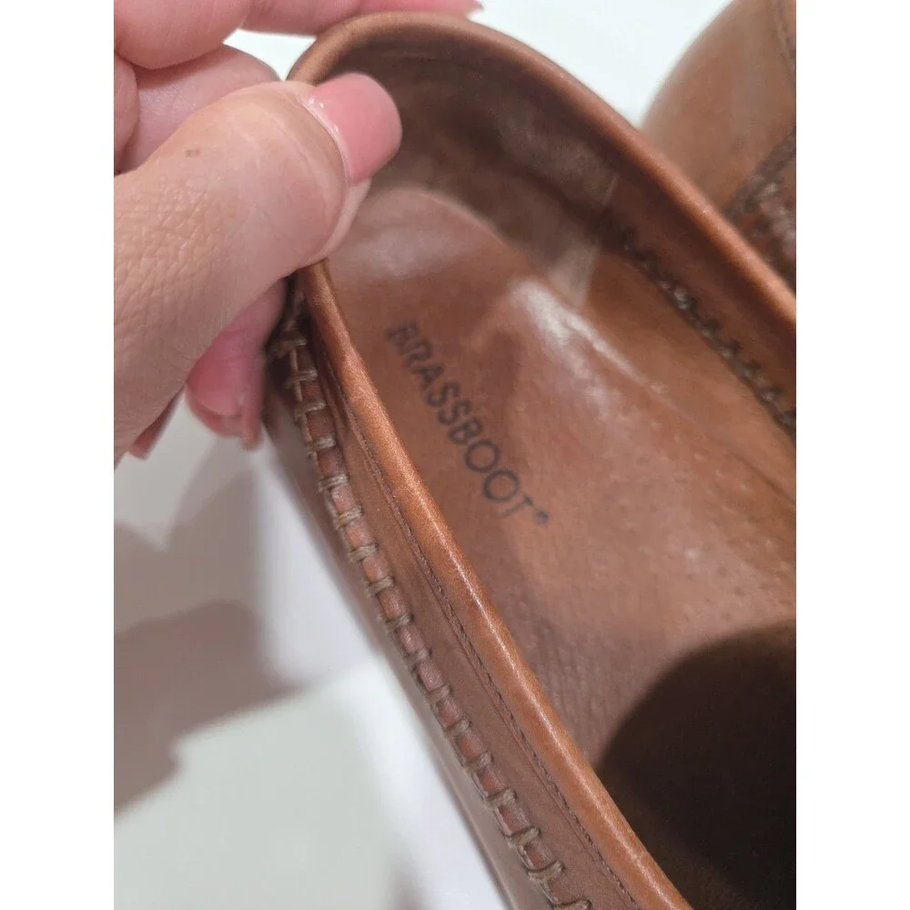 Brass Boot Men's 9.5 Cognac Brown Leather Slip On Braided Penny Loafers SB9